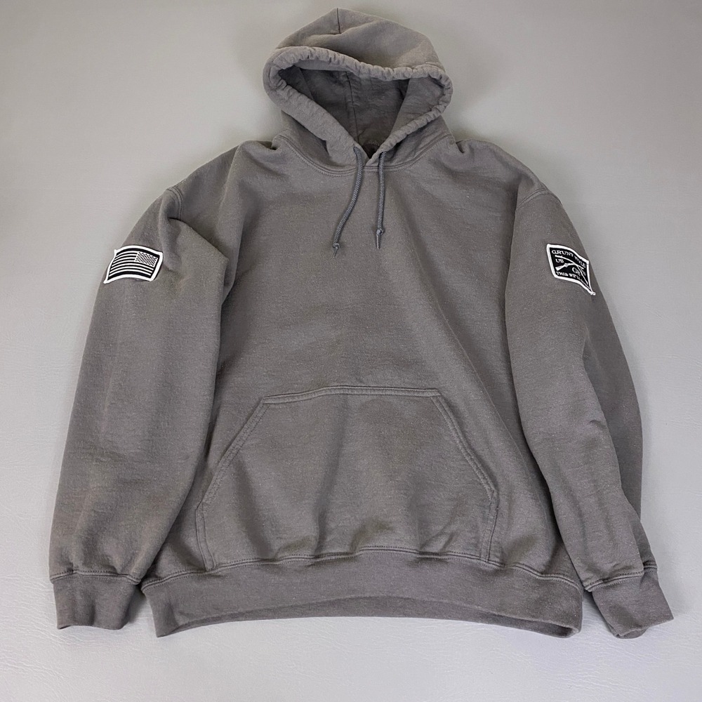 Grunt Style Hoodie Mens Size Large Gray Pullover American Flag Patch EUC